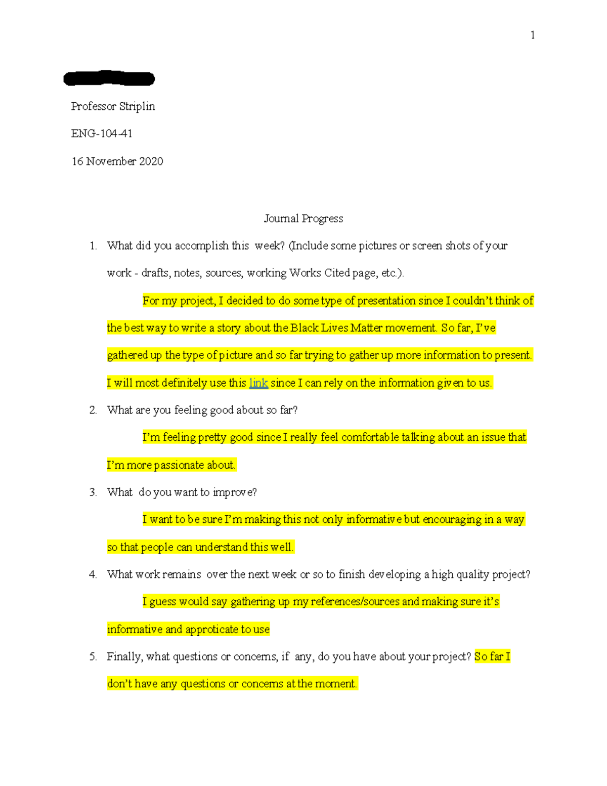 ENG-104 Journal Progress: Writing Assignment Update - Studocu