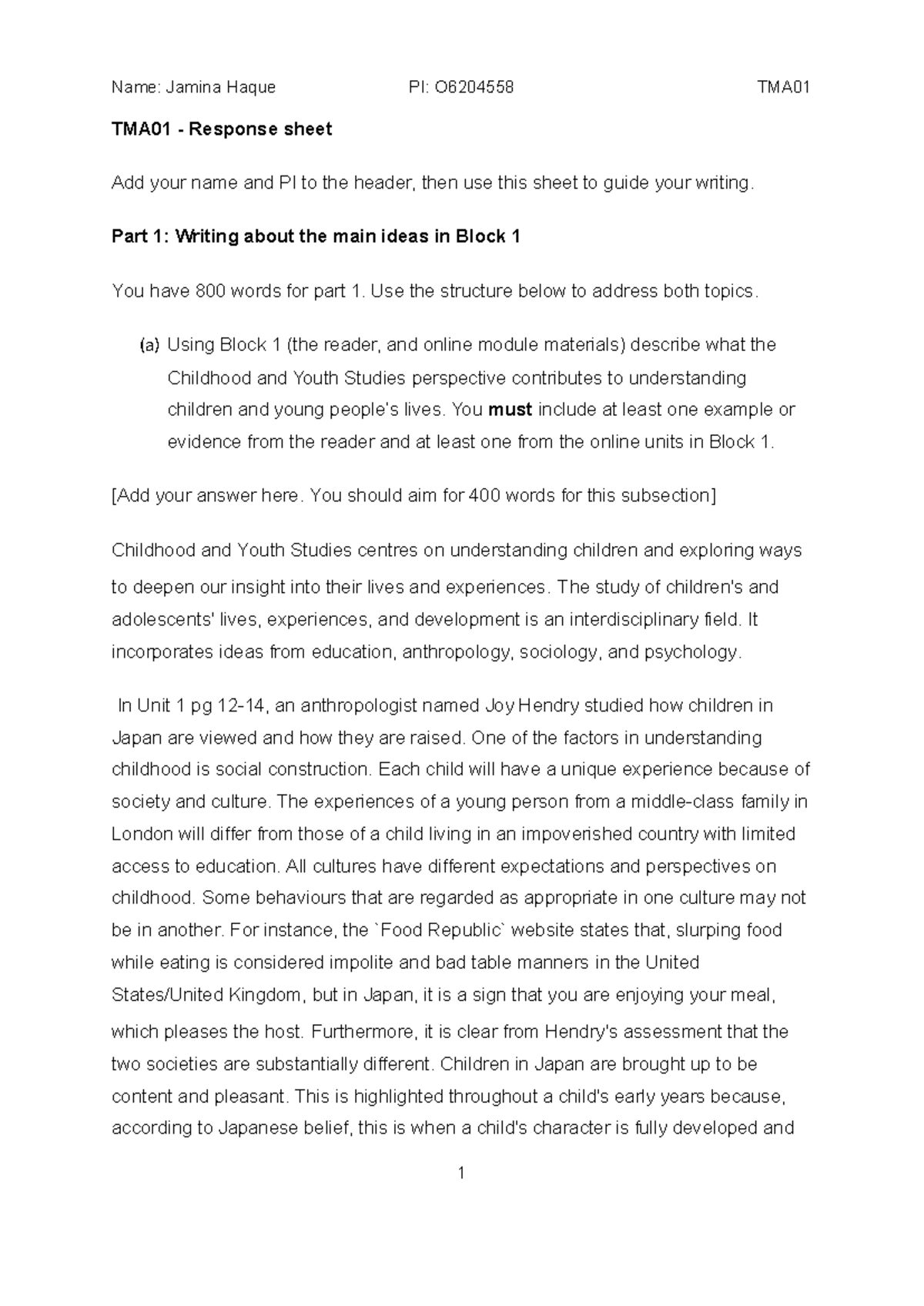 TMA01 - Part 1: Writing about the main ideas in Block 1 You have 800 ...