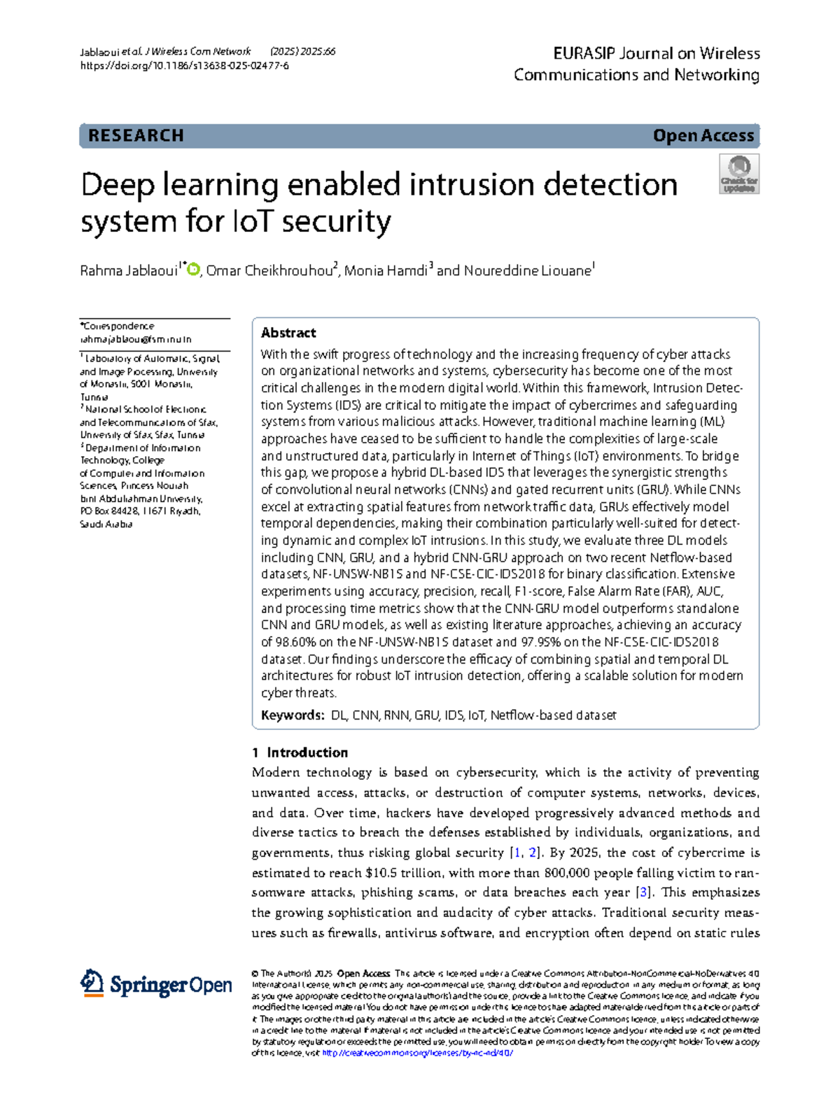 Deep Learning-Based Intrusion Detection System for IoT Security (2025 ...