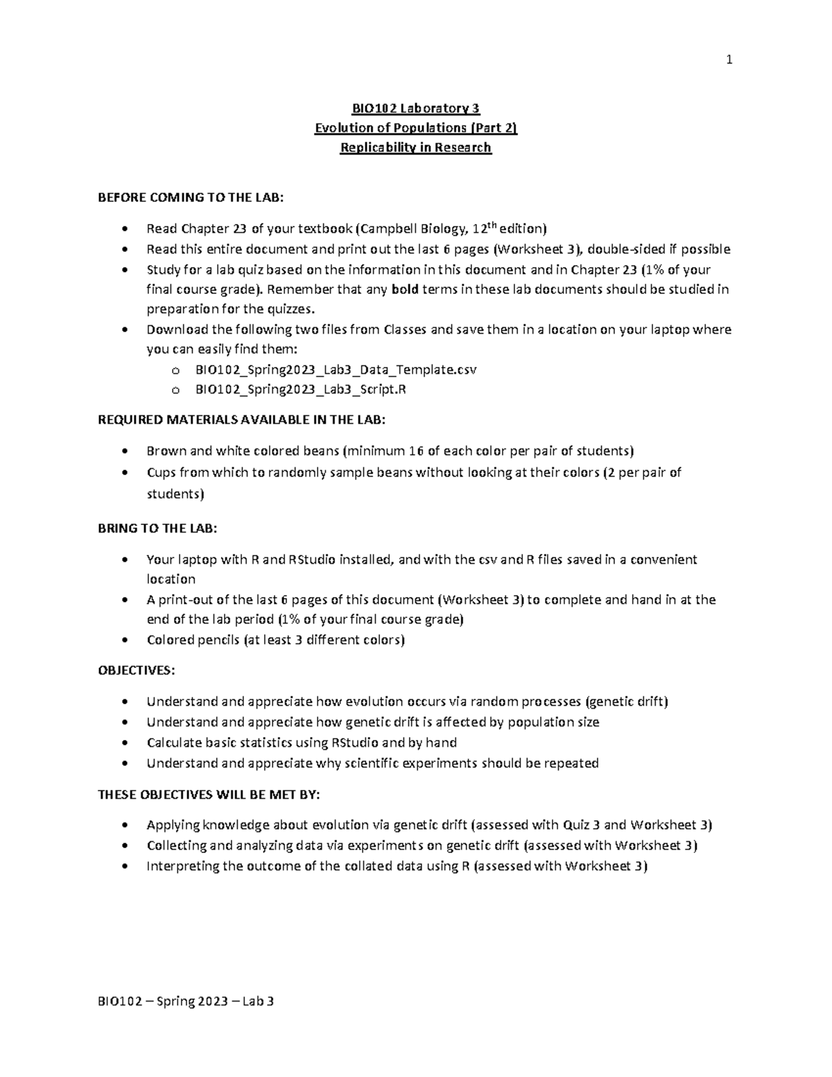 BIO102 Spring 2023 Lab3 Genetic Drift - BIO102 – Spring 2023 – Lab 3 ...