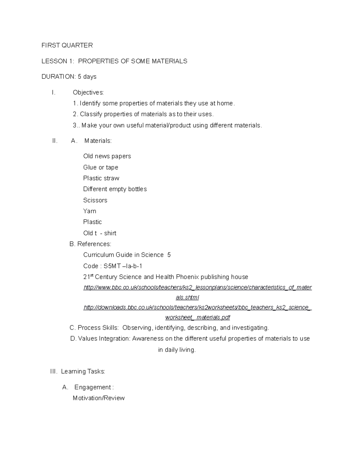 TG Science 5 Q1 S5LT - Lesson 1 & 2 on Material Properties - Studocu