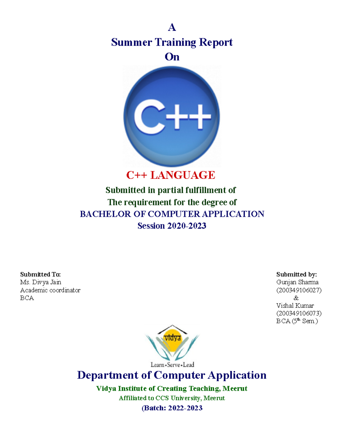 BCA 5th Sem. Summer Training Report on C++ Programming - Studocu