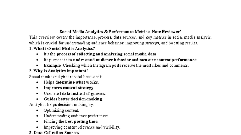 Social Media Analytics Performance Metrics: Group 3 Review Notes - Studocu