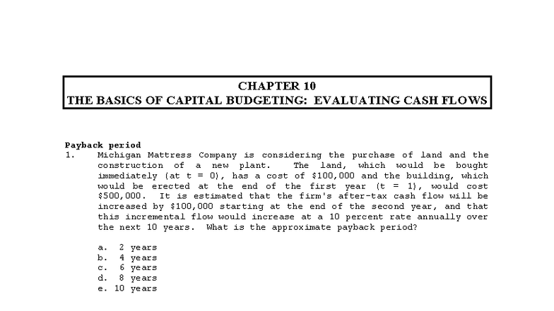 CHAPTER 10 HOMEWORK PROBLEMS: CAPITAL BUDGETING ANALYSIS - Studocu