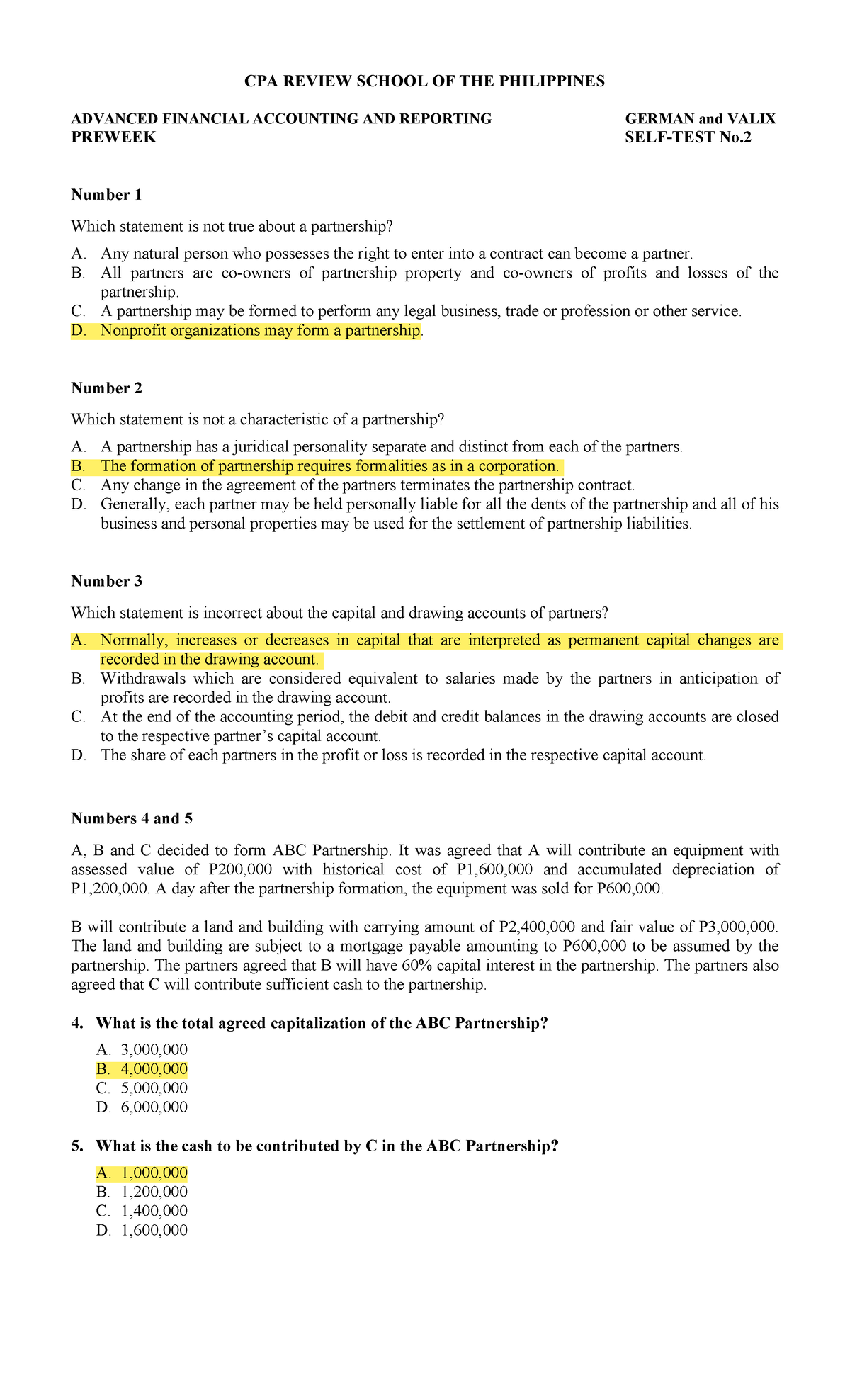 CPAR 95 AFAR Preweek Self-Test 2: Partnership & Liquidation Concepts ...