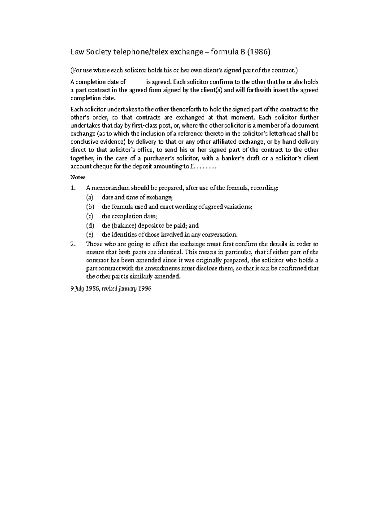 Law Society Contract Exchange Formula B Notes (1986) - Studocu