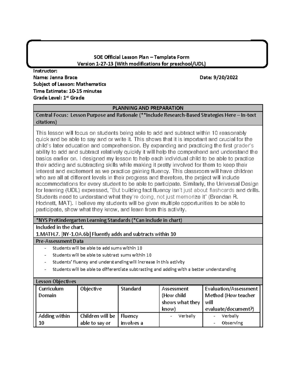 SOE Math Lesson Plan for 1st Graders: UDL and Fluency Focus - Studocu