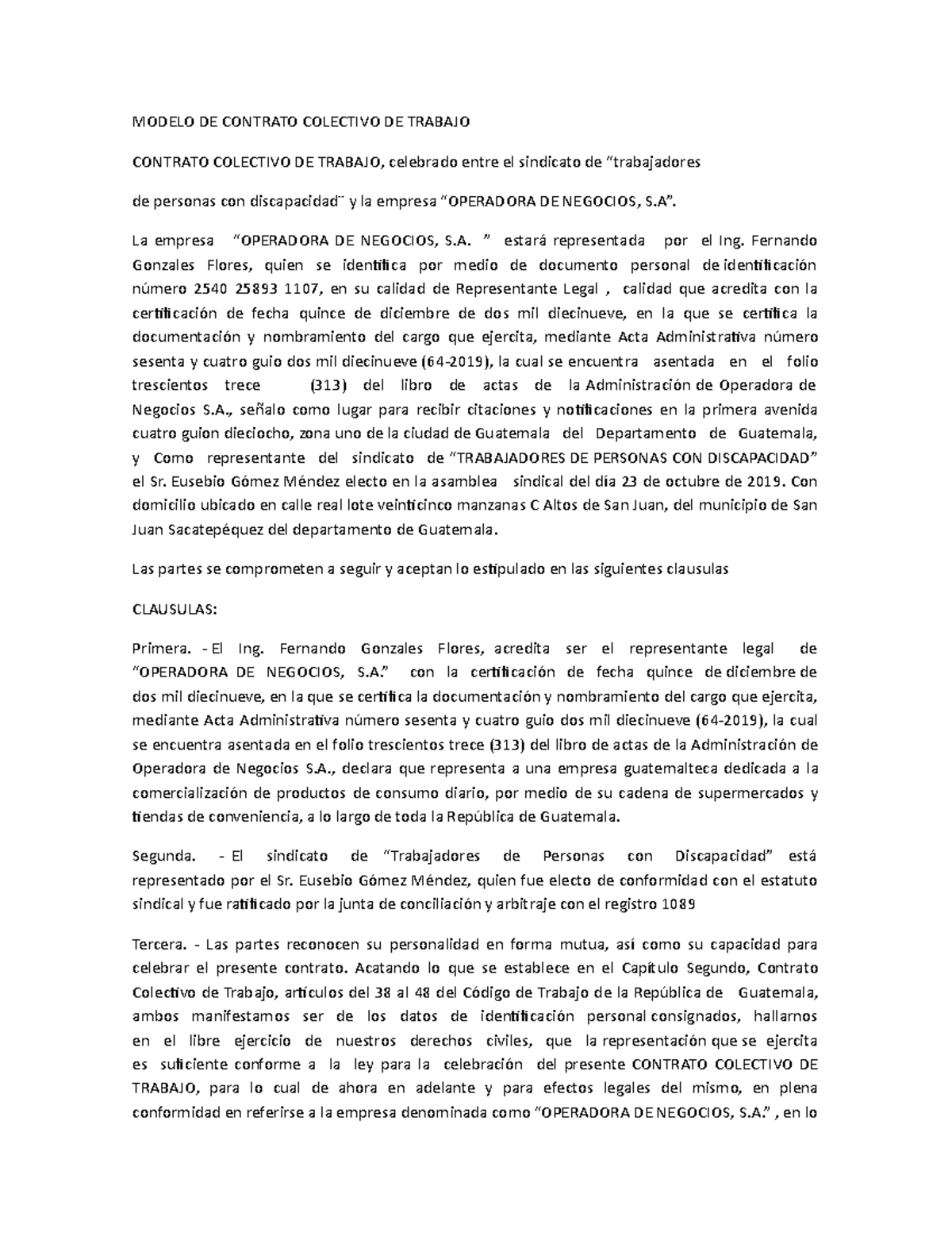 Modelo de Contrato Colectivo de Trabajo entre Sindicato y Empresa - Document Preview
