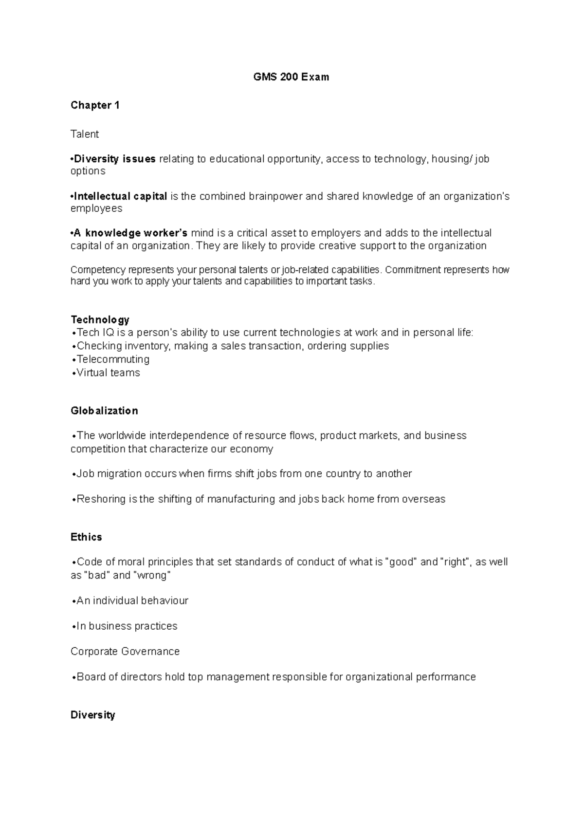 GMS200 Midterm Review - GMS 200 Exam Chapter 1 Talent •Diversity issues ...
