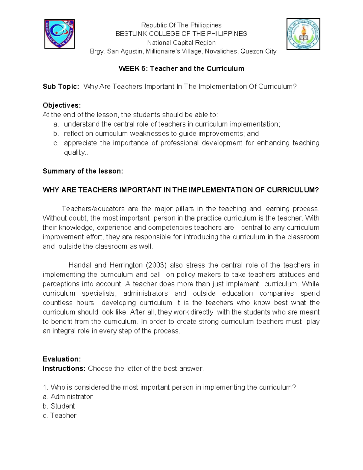 PED10 WEEK 5: The Role of Teachers in Curriculum Implementation - Studocu
