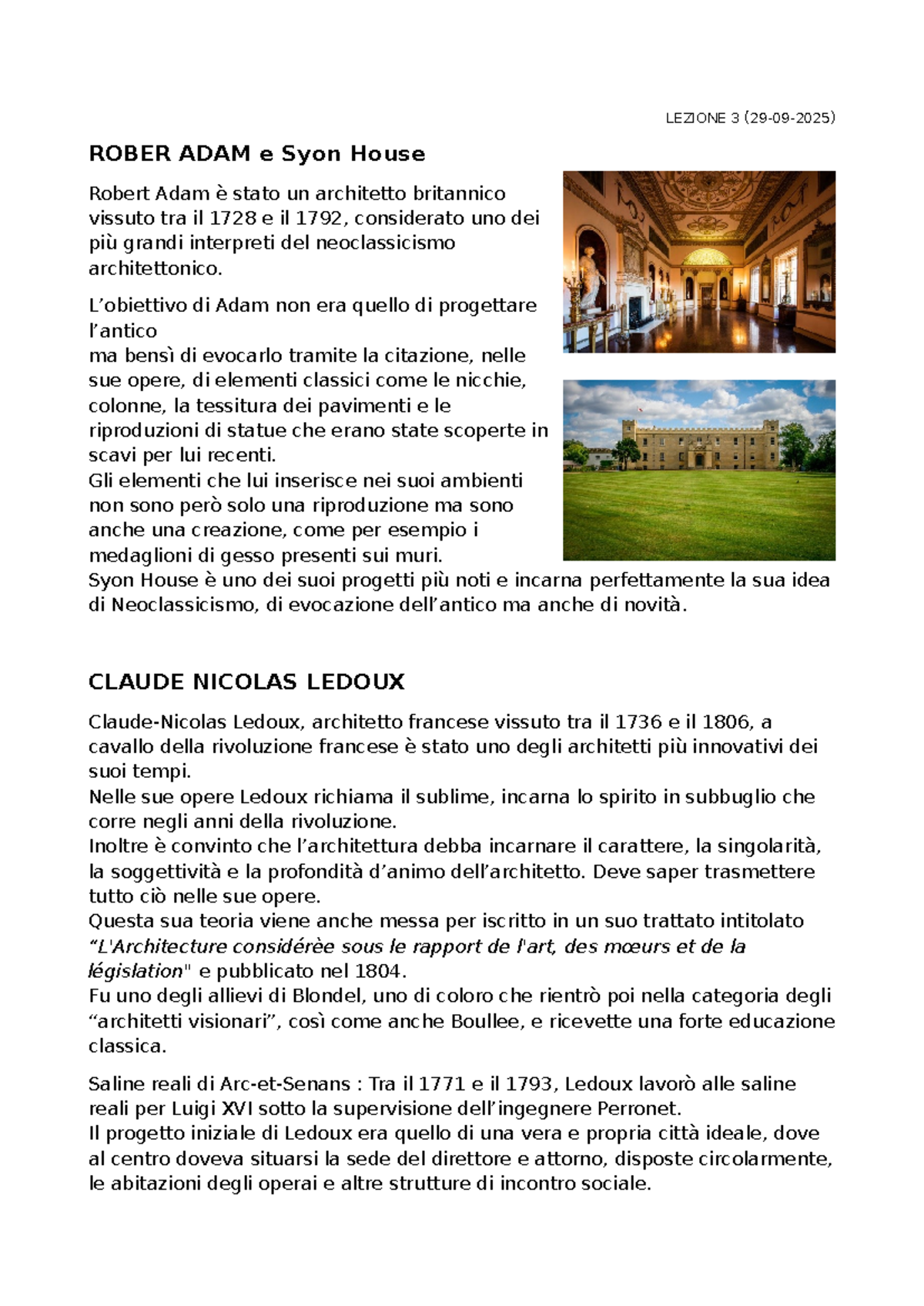 Appunti Storia Architettura: Lezione 3 su Robert Adam e Ledoux - Studocu