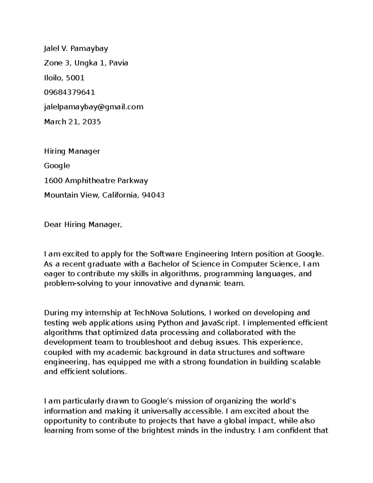 Application for Software Engineering Intern Position at Google - Studocu