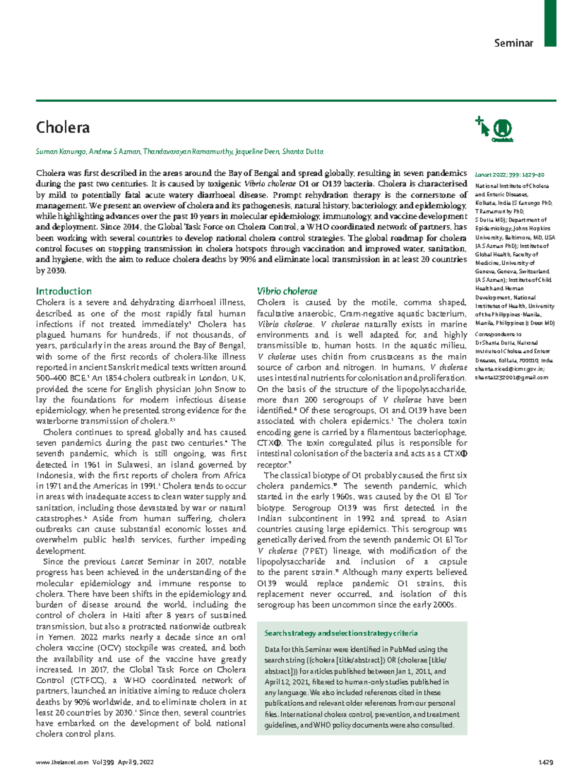 Cholera Overview and Advances in Control Strategies (BB 2510) - Studocu