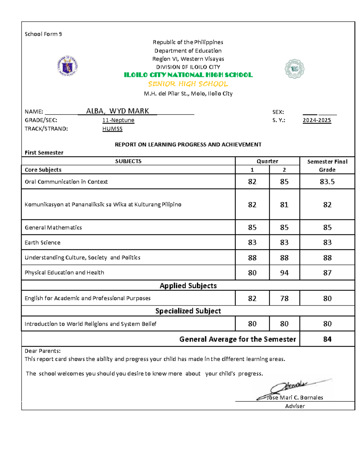 Report Card for HUMSS 11 - Neptune S. Y. 2024-2025 (1st Sem) - Studocu