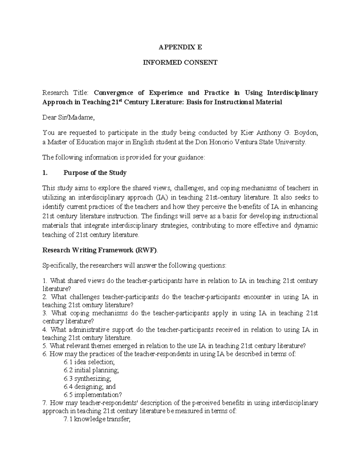 Appendix E - APPENDIX E INFORMED CONSENT Research Title: Convergence of ...