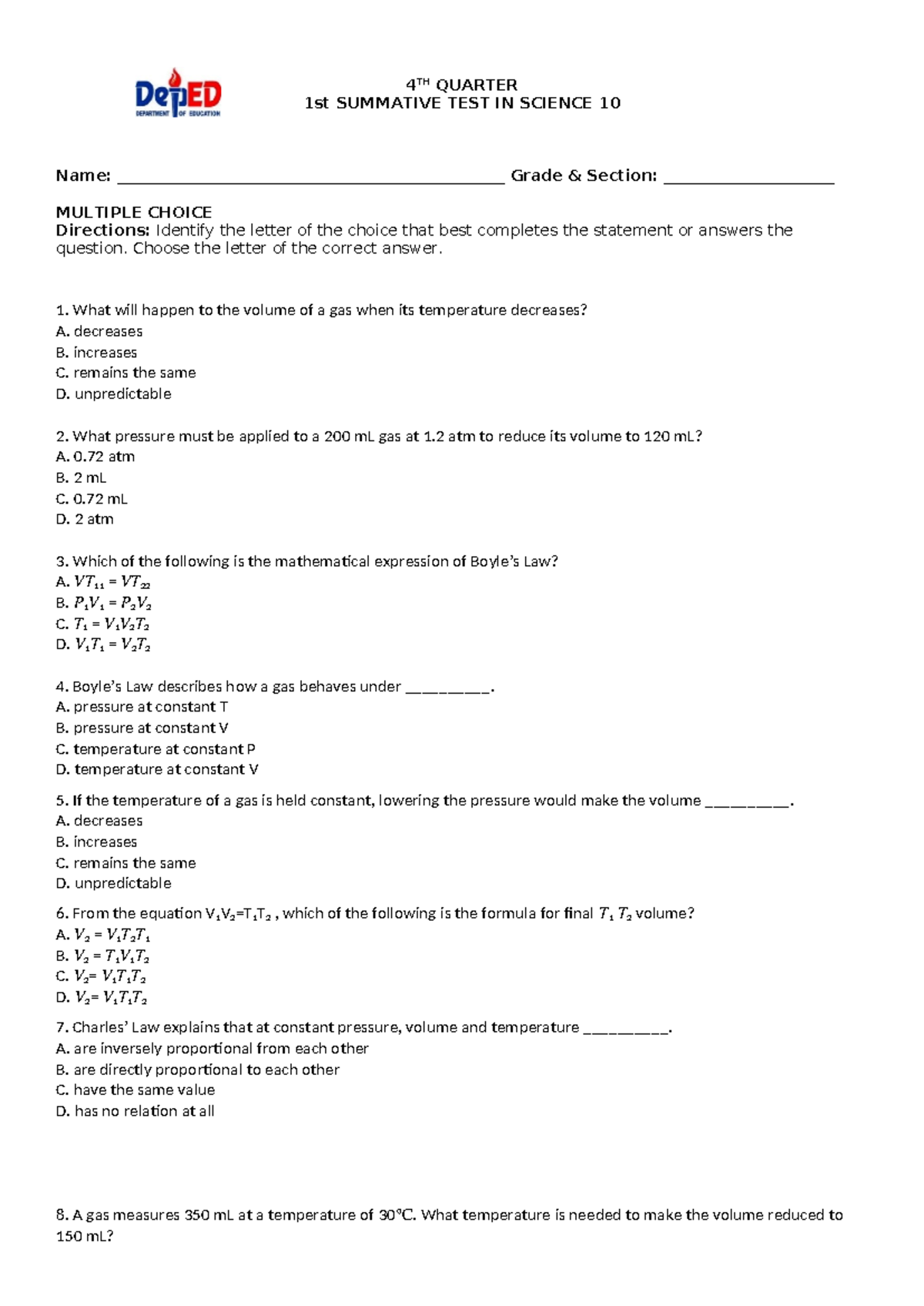 4TH Quarter 2nd Summative Test Answers in Science 10 - Studocu