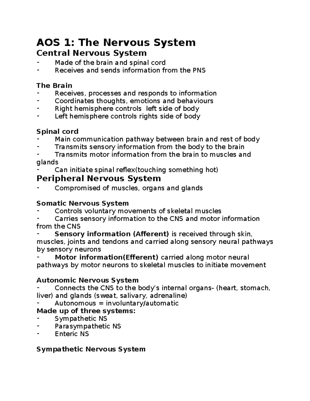 Psych AOS 1: Understanding the Nervous System and Its Functions - Studocu