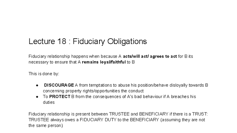 Equity Outline: Lecture 18 - Understanding Fiduciary Obligations - Studocu