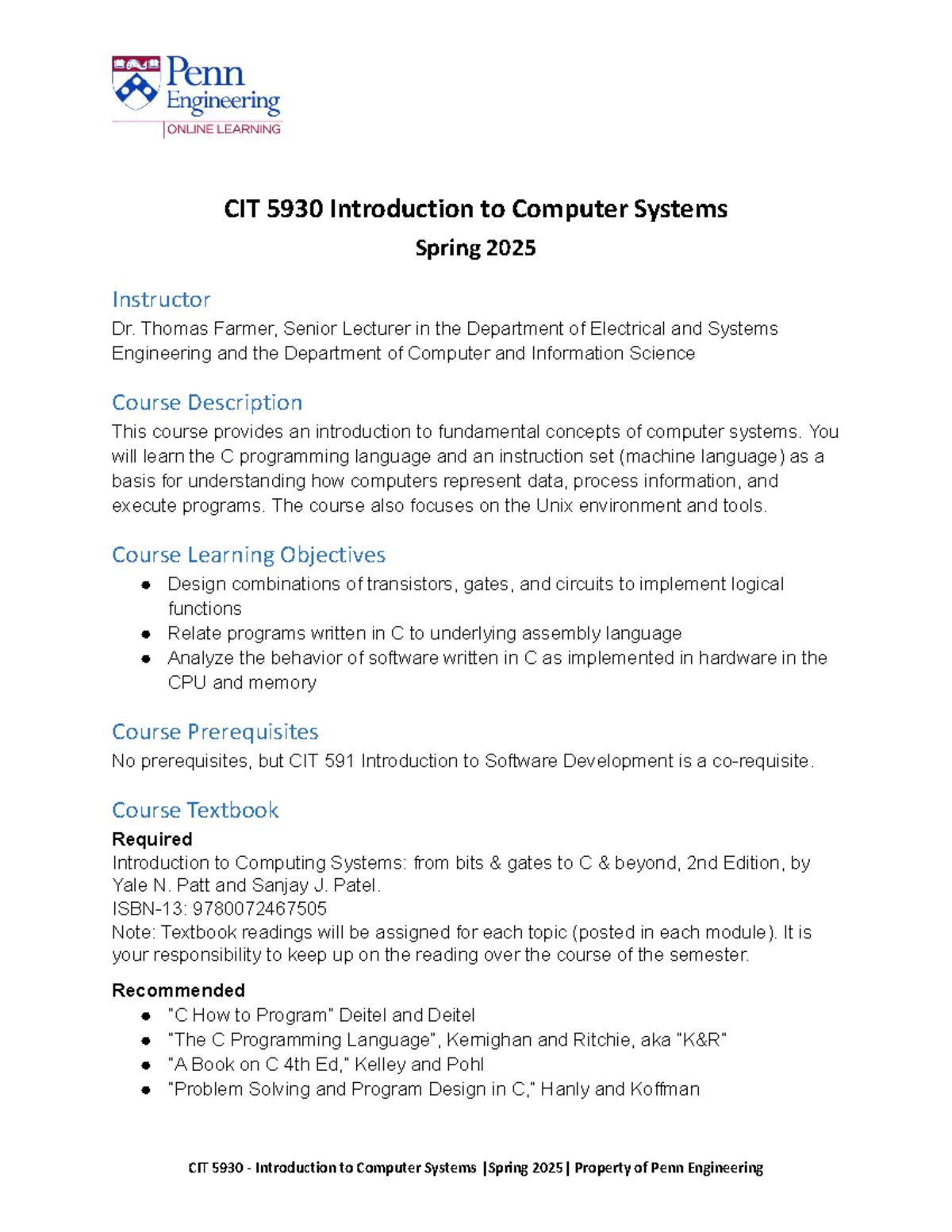 Spring 2025 CIT 5930 Syllabus: Intro to Computer Systems Course ...
