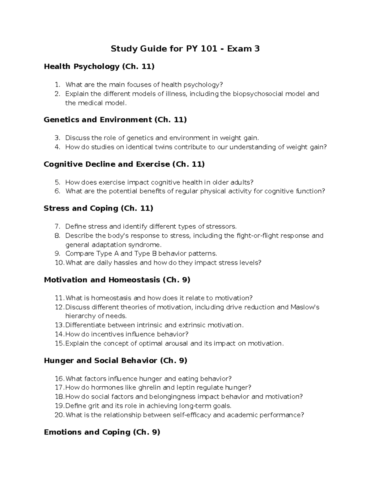 Study Guide for PY 101 - Health Psychology Exam 3 and Key Concepts ...