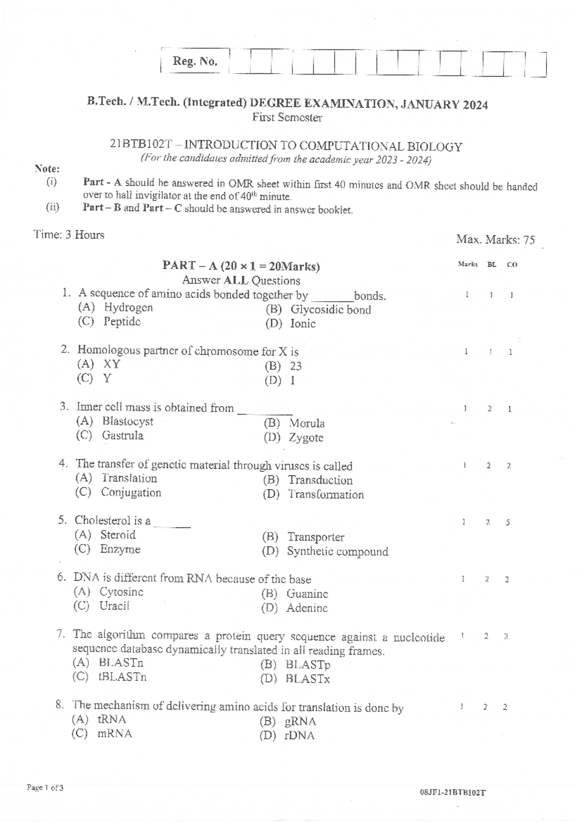 Ut paper for biology - Reg. No. B. M. (Integrated) DEGREE EXAMINATION ...