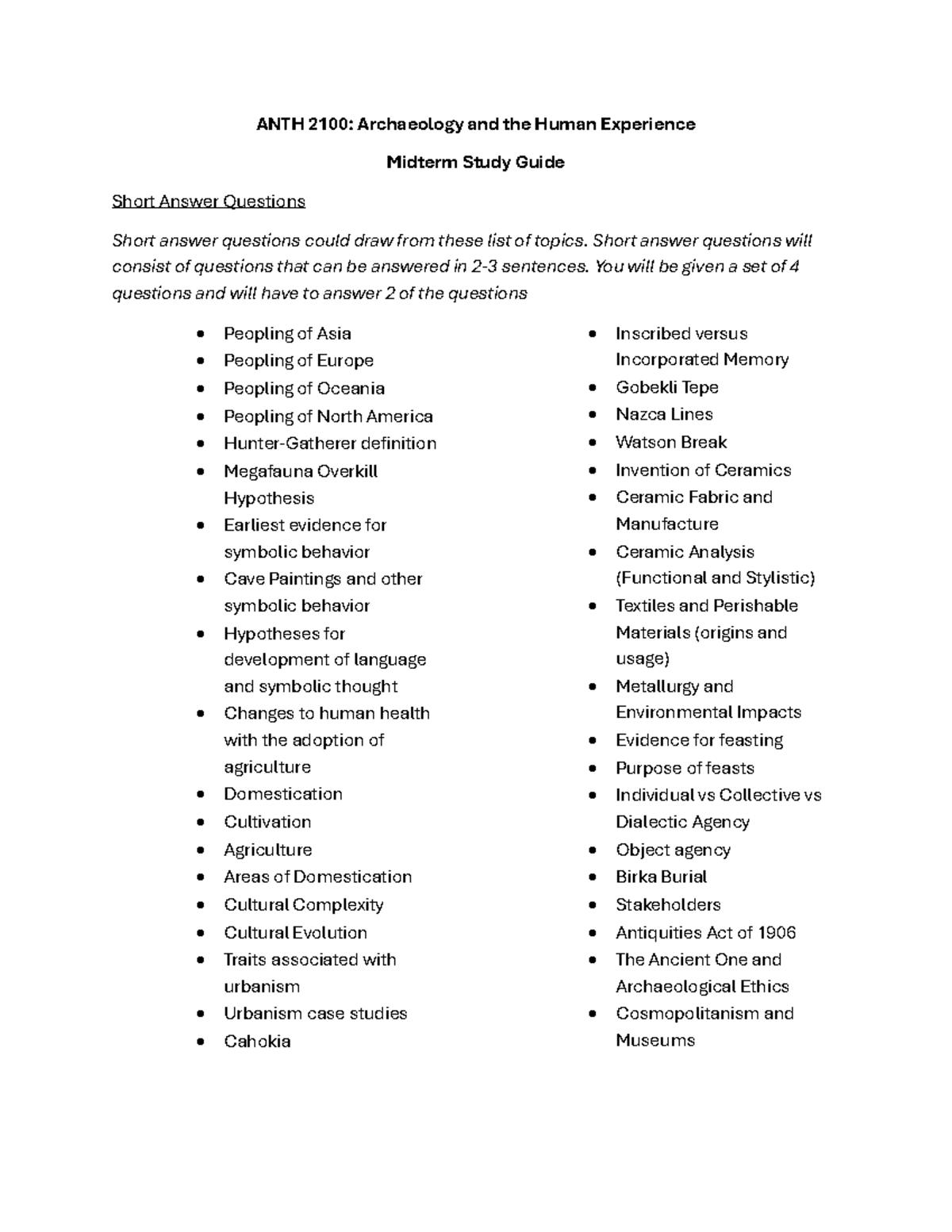 ANTH 2100 Midterm Study Guide: Archaeology Topics - Studocu