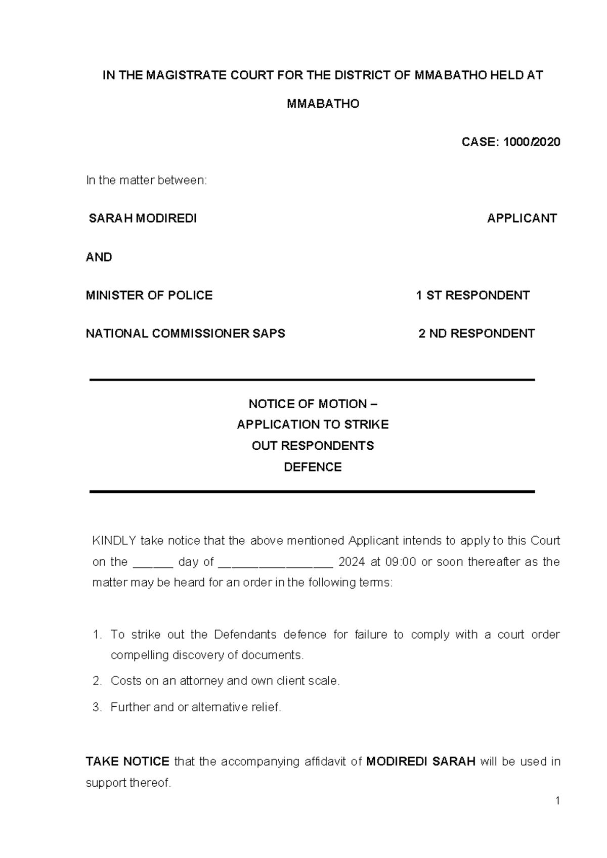 Notice of Motion & Affidavit for Case 1000: Application to Strike Out ...