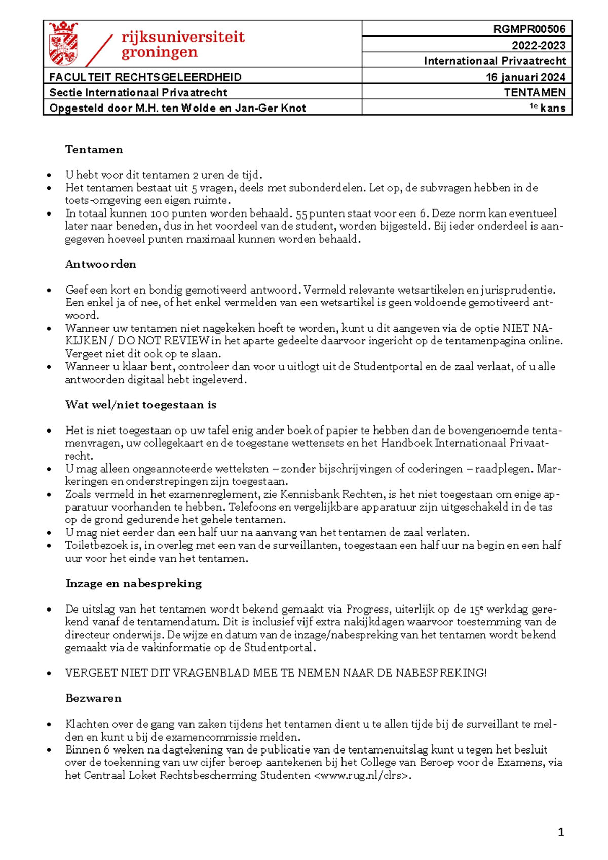 Tentamen IPR - 16 januari 2024: Sectie Internationaal Privaatrecht ...