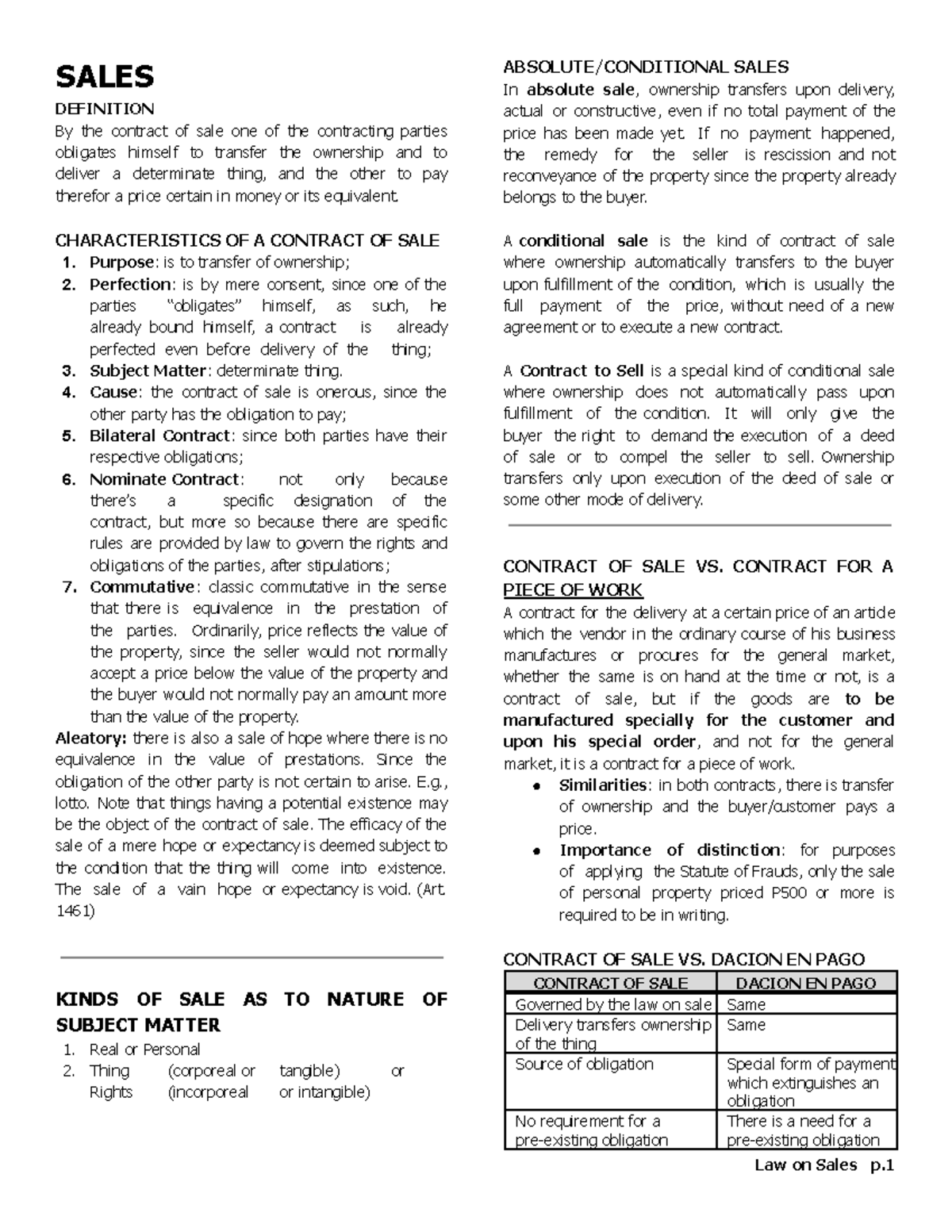 LAW 101: Comprehensive Notes on the Contract of Sale - Studocu