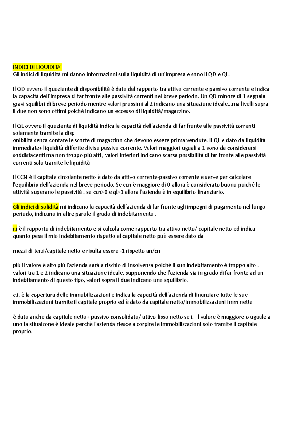 Indici di Liquidit e Solidit: Fondamenti e Analisi Economica - Studocu