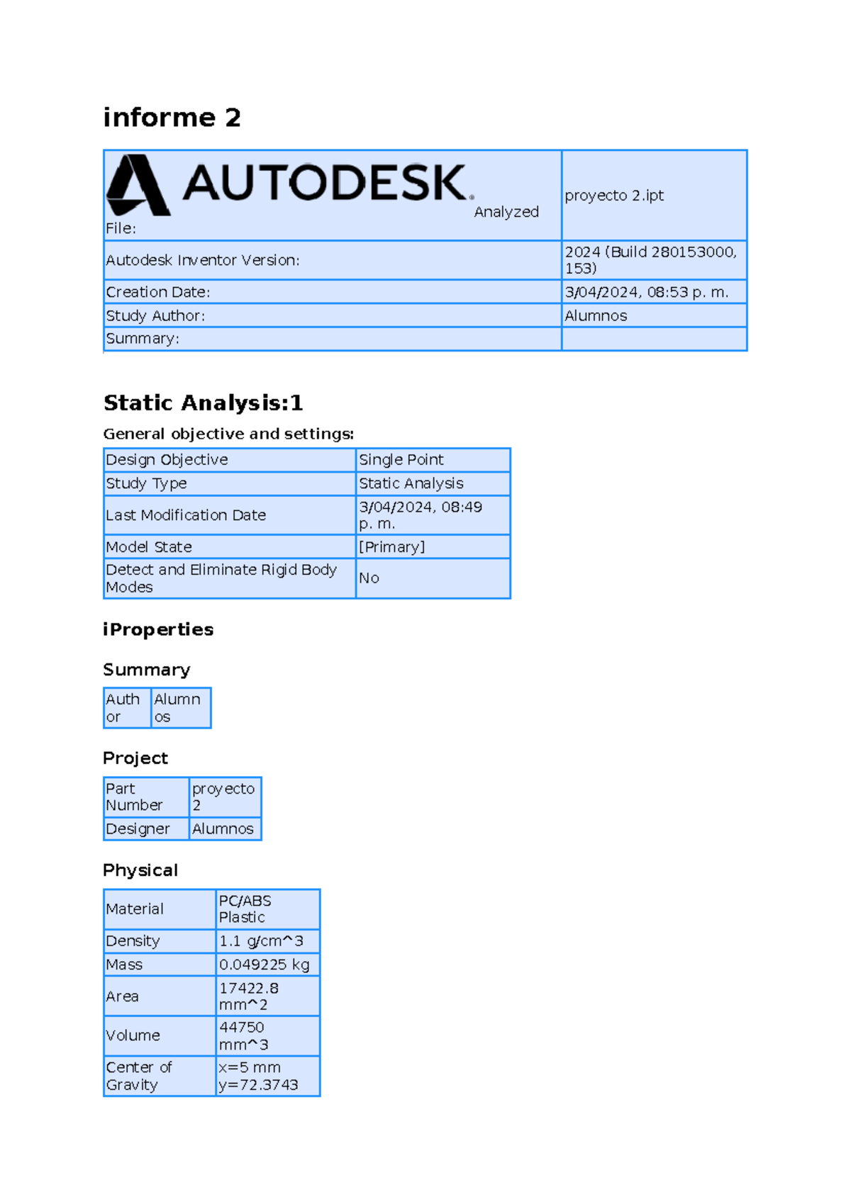 Informe 2: Static Stress Analysis Report for Proyecto 2 (04/2024) - Studocu
