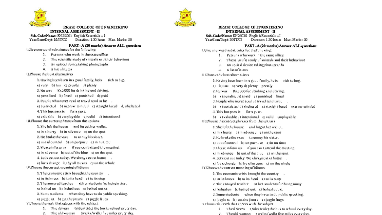 EN25C01 Internal Assessment: English Essentials I Notes - Studocu