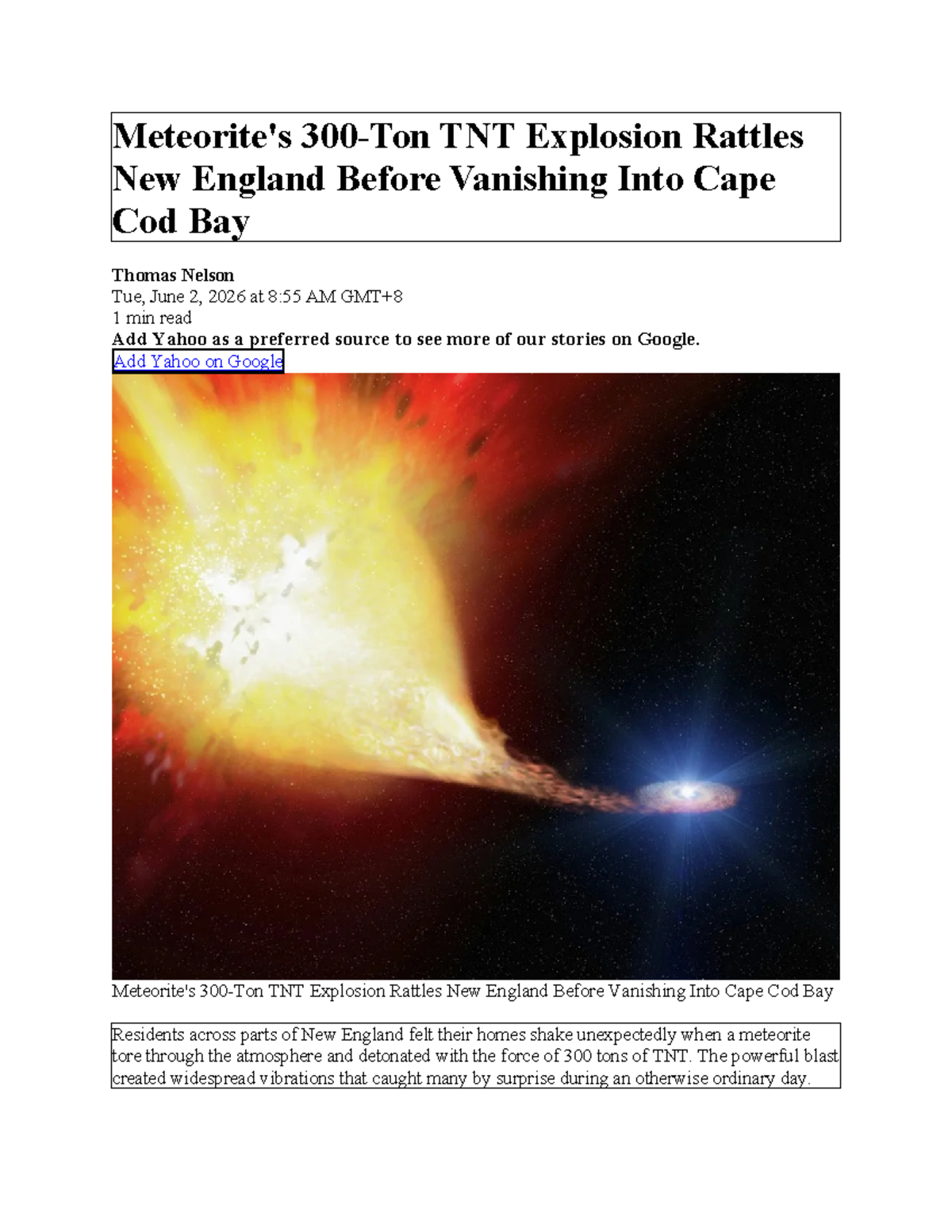 TNT Explosion in New England: Meteorite Event Overview (Nes 22) - Studocu