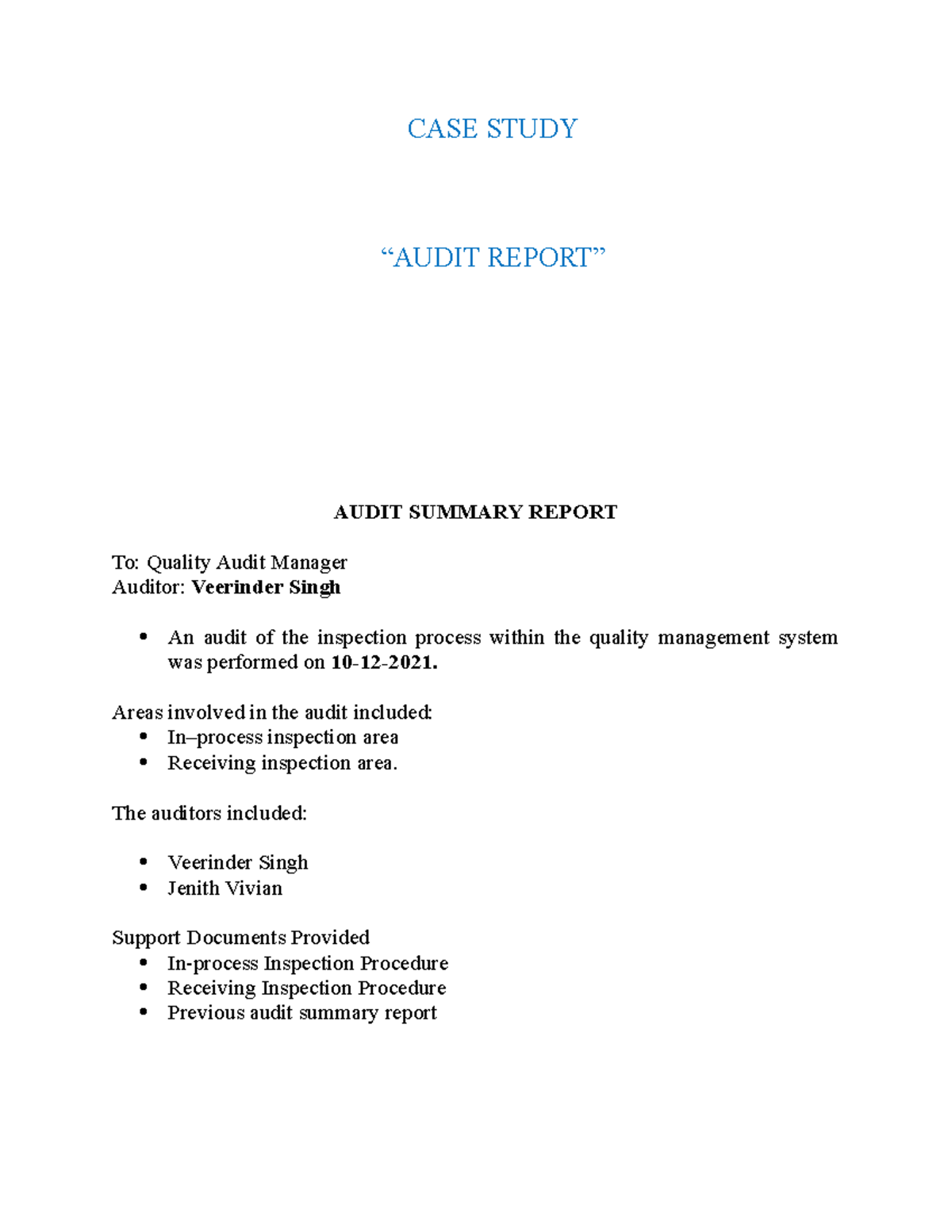 Case Study by veerinder singh - CASE STUDY “AUDIT REPORT” AUDIT SUMMARY ...