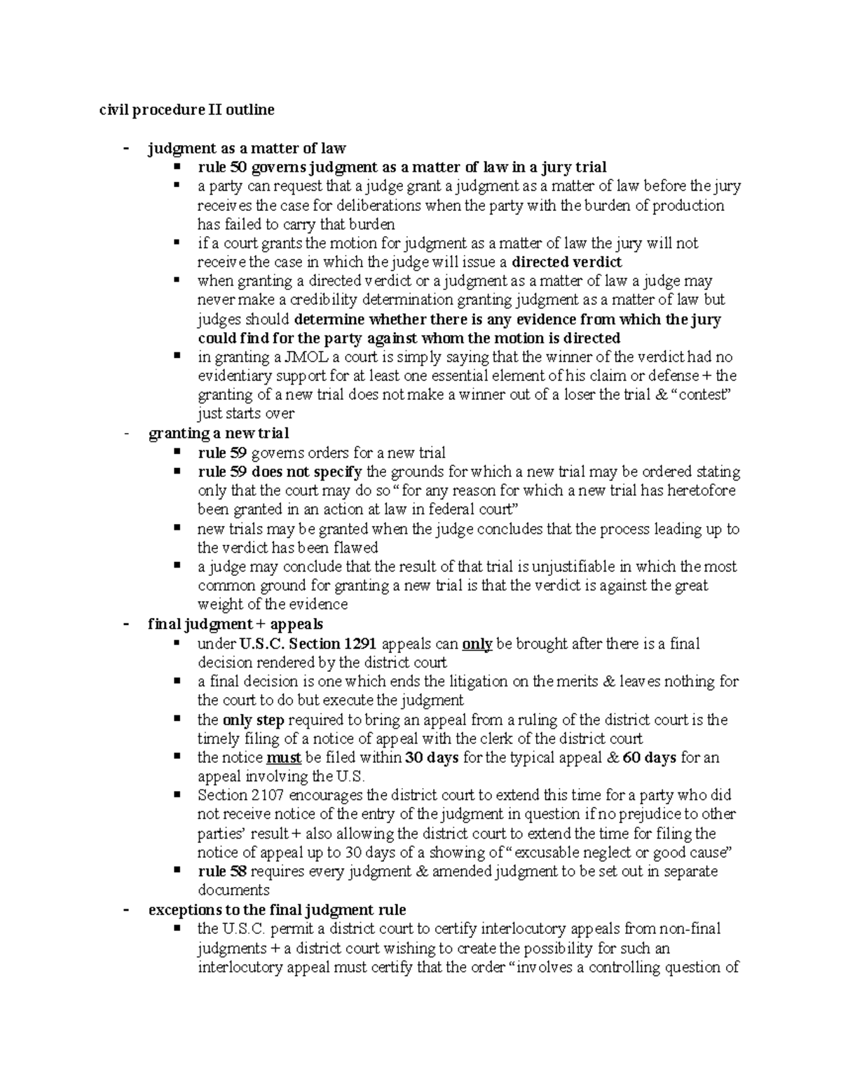 Civil Procedure II Outline: Judgment as a Matter of Law & Appeals - Studocu
