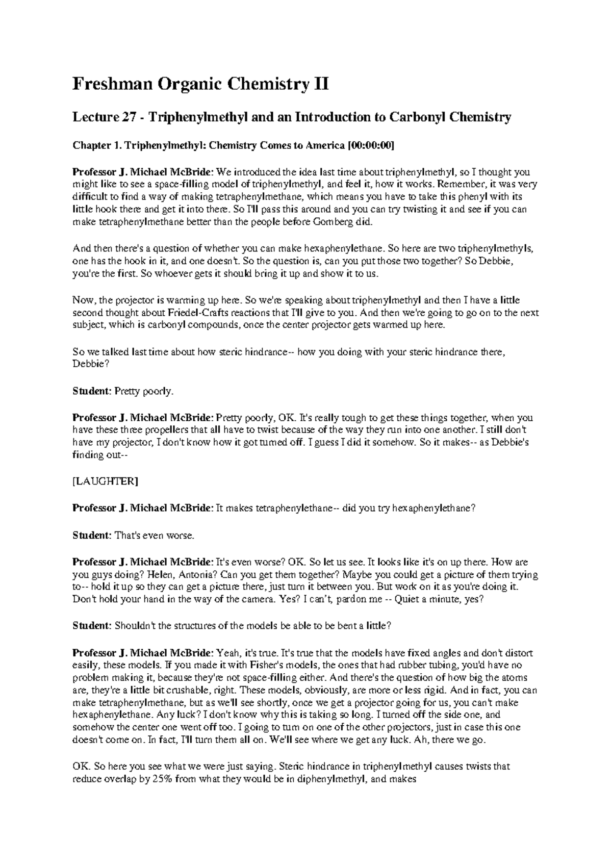 Lecture 27 - Triphenylmethyl and an Introduction to Carbonyl Chemistry ...