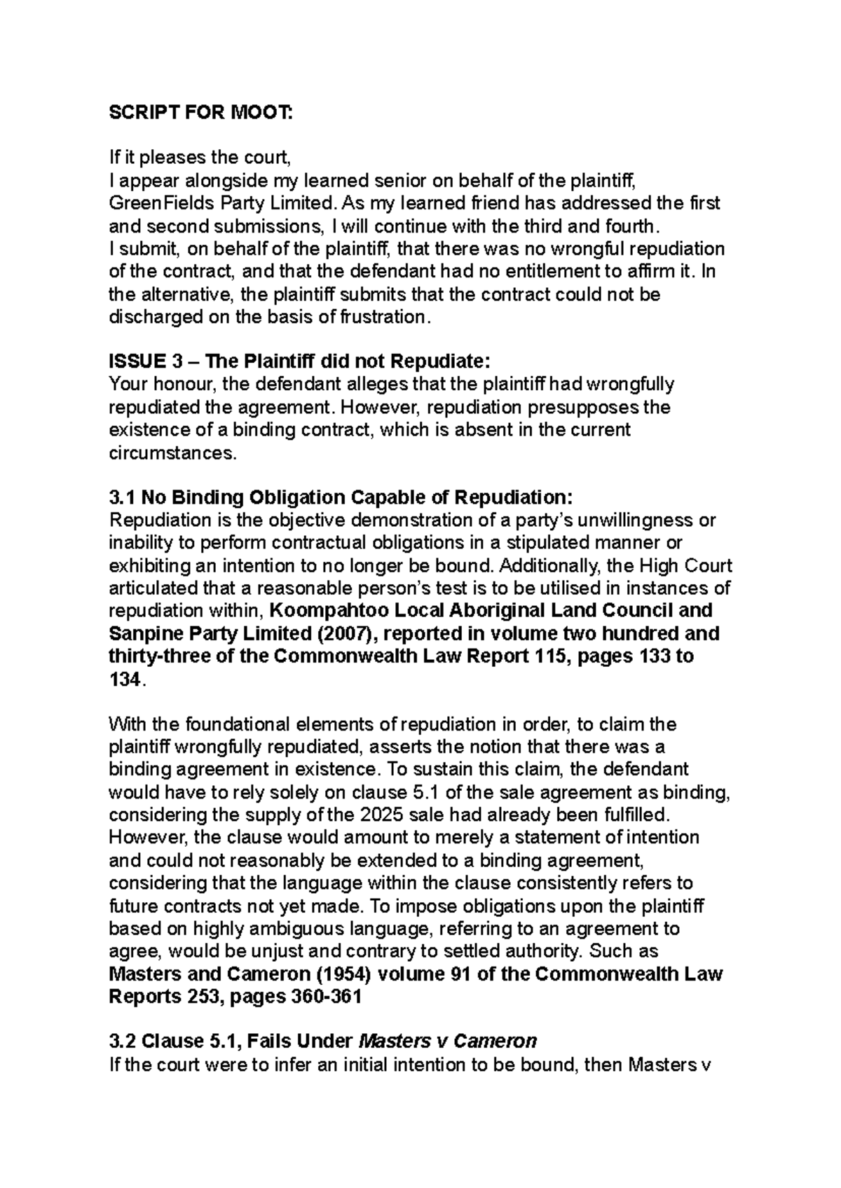 Moot Court Script: Plaintiff's Submissions for GreenFields Party Ltd ...