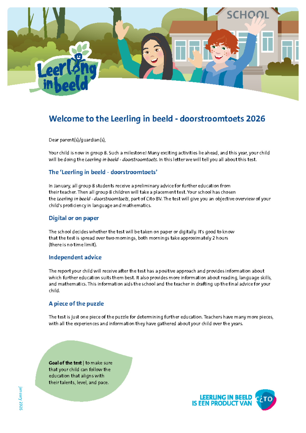 Oudersbrief: Leerling in Beeld Doorstroomtoets 2026 - Studeersnel