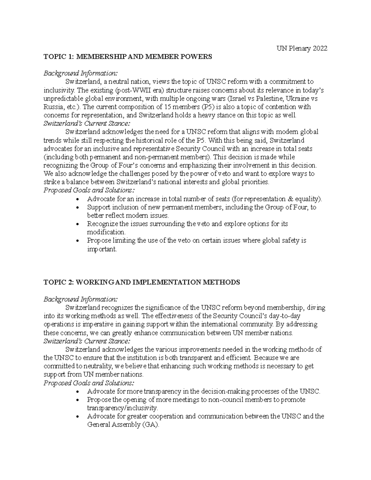 MUN Position Paper: Switzerland's Stance on UNSC Reform & Methods - Studocu