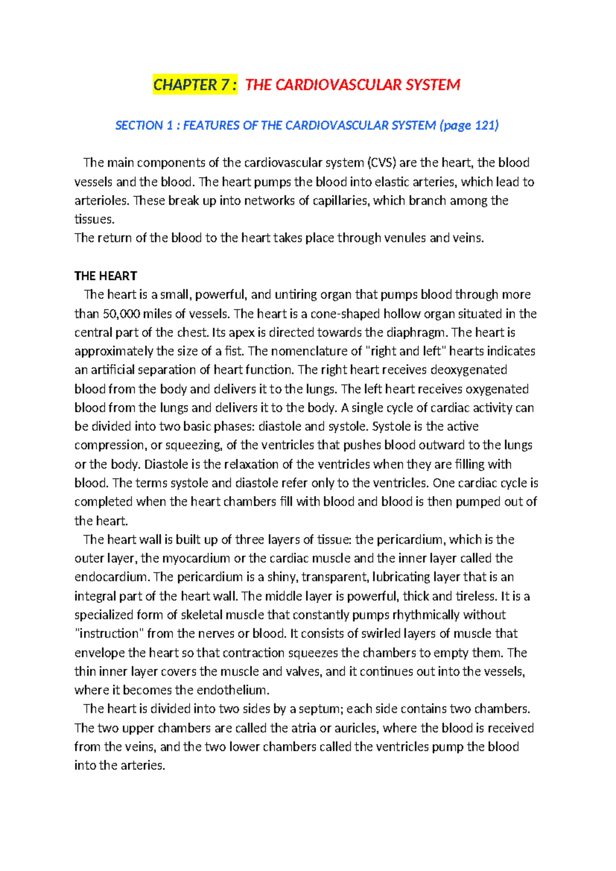 chapte 7 : C.V.S - CHAPTER 7 : THE CARDIOVASCULAR SYSTEM SECTION 1 ...