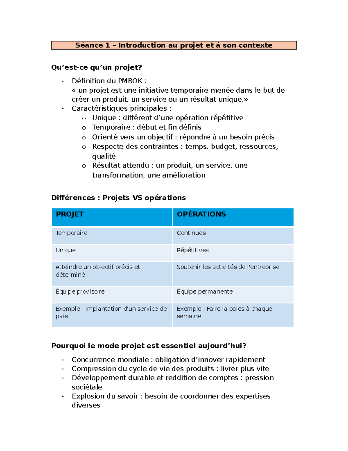 Séance 1: Introduction au Projet et PMBOK - Notes de Cours en ...