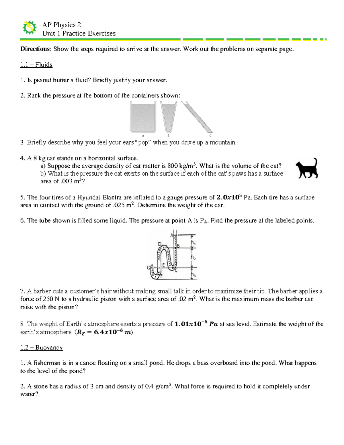 AP Physics 2 Unit 1 Practice Problems: Fluids & Buoyancy - Studocu