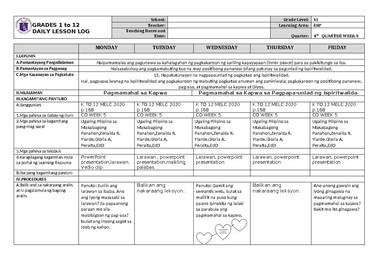 DLL ESP 6 Q4 W5 - Daily Lesson for 6th Grade ESP - Studocu