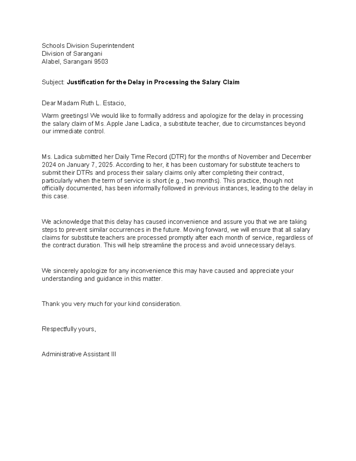 Justification Letter for Delay in Salary Claim Processing - Studocu