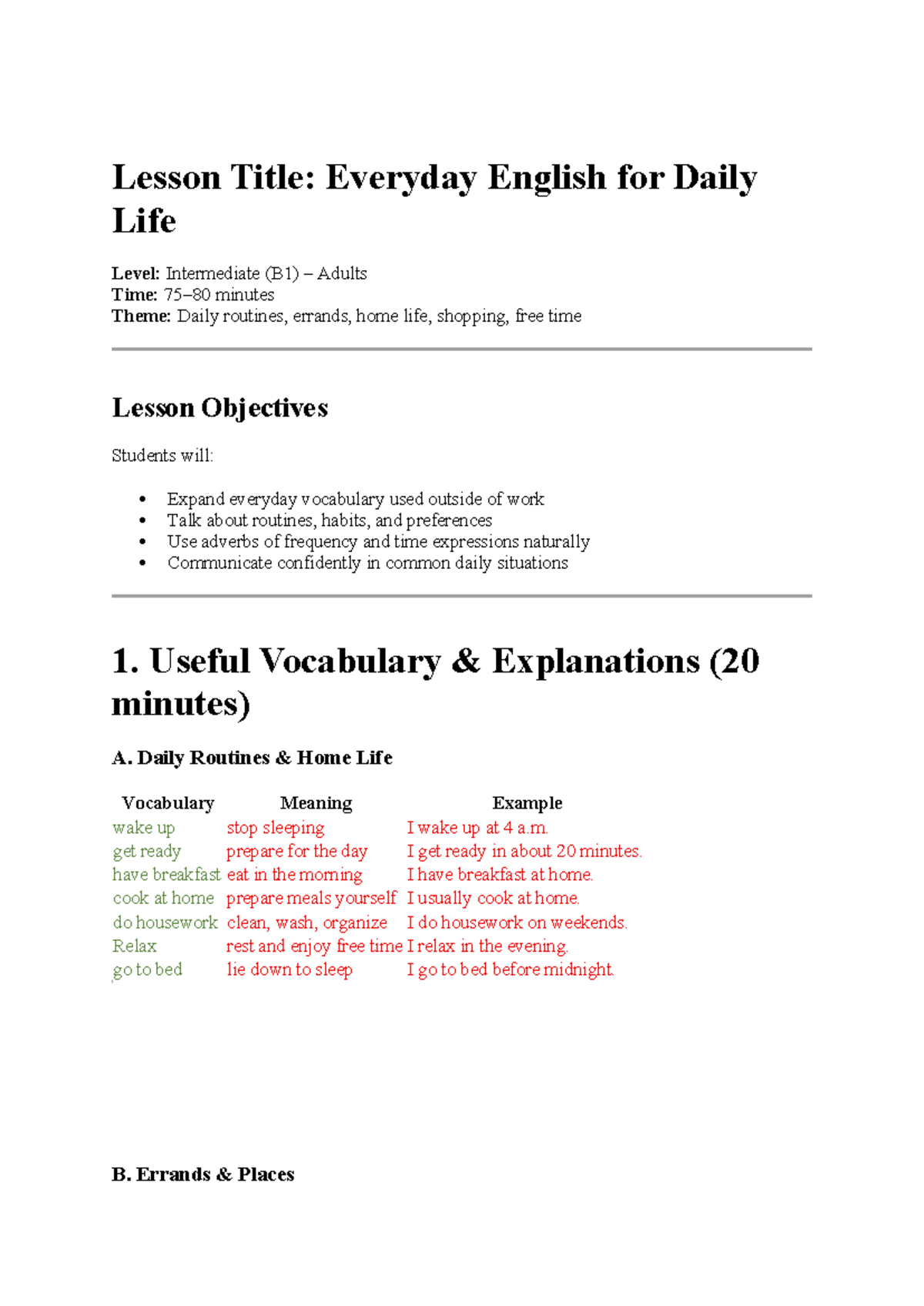 Intermediate English Lesson: Everyday Vocabulary for Daily Life - Studocu