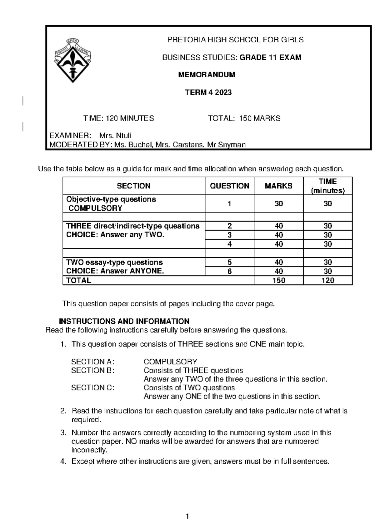 Business Studies GRADE 11 Term 4 Exam Memo 2023 (120 min, 150 marks ...
