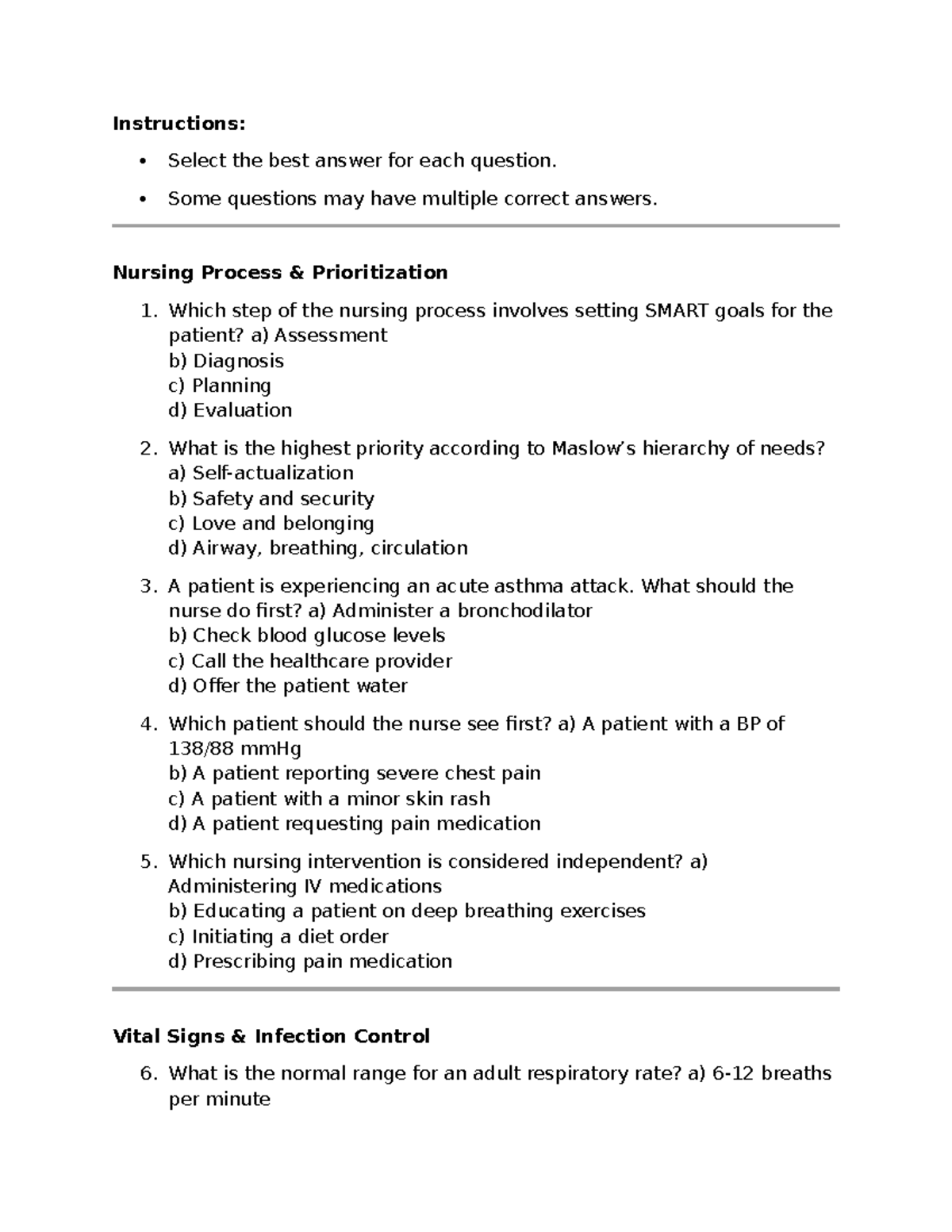 Exam 1 practice questions - Instructions: Select the best answer for ...