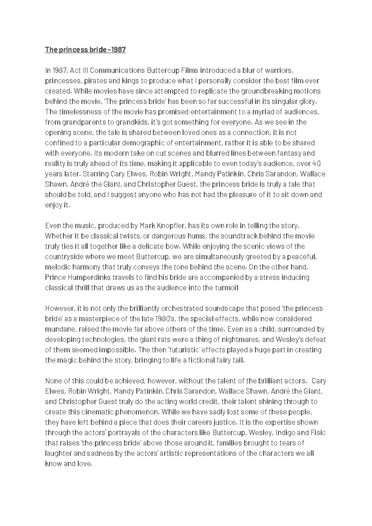 ENG 101: Transactional Writing Review of 'The Princess Bride' - Studocu