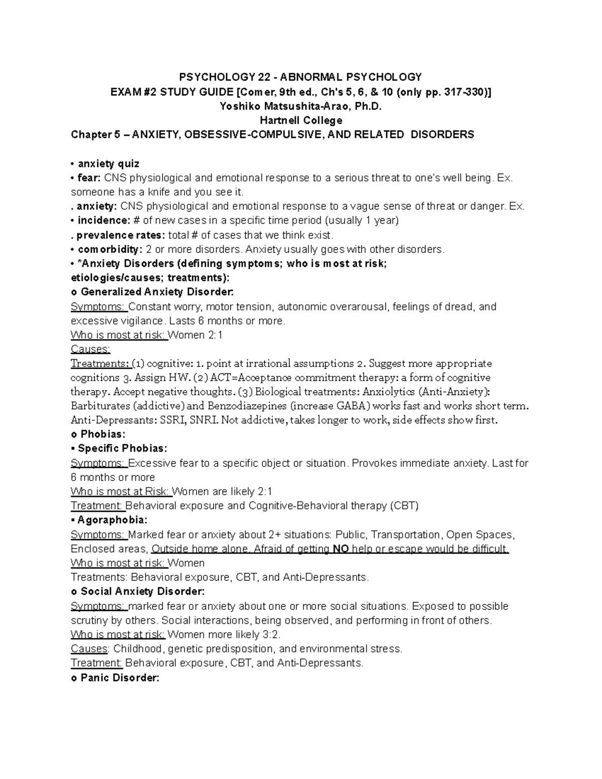 PSYCHOLOGY 22 - ABNORMAL PSYCHOLOGY EXAM #2 STUDY GUIDE - Studocu