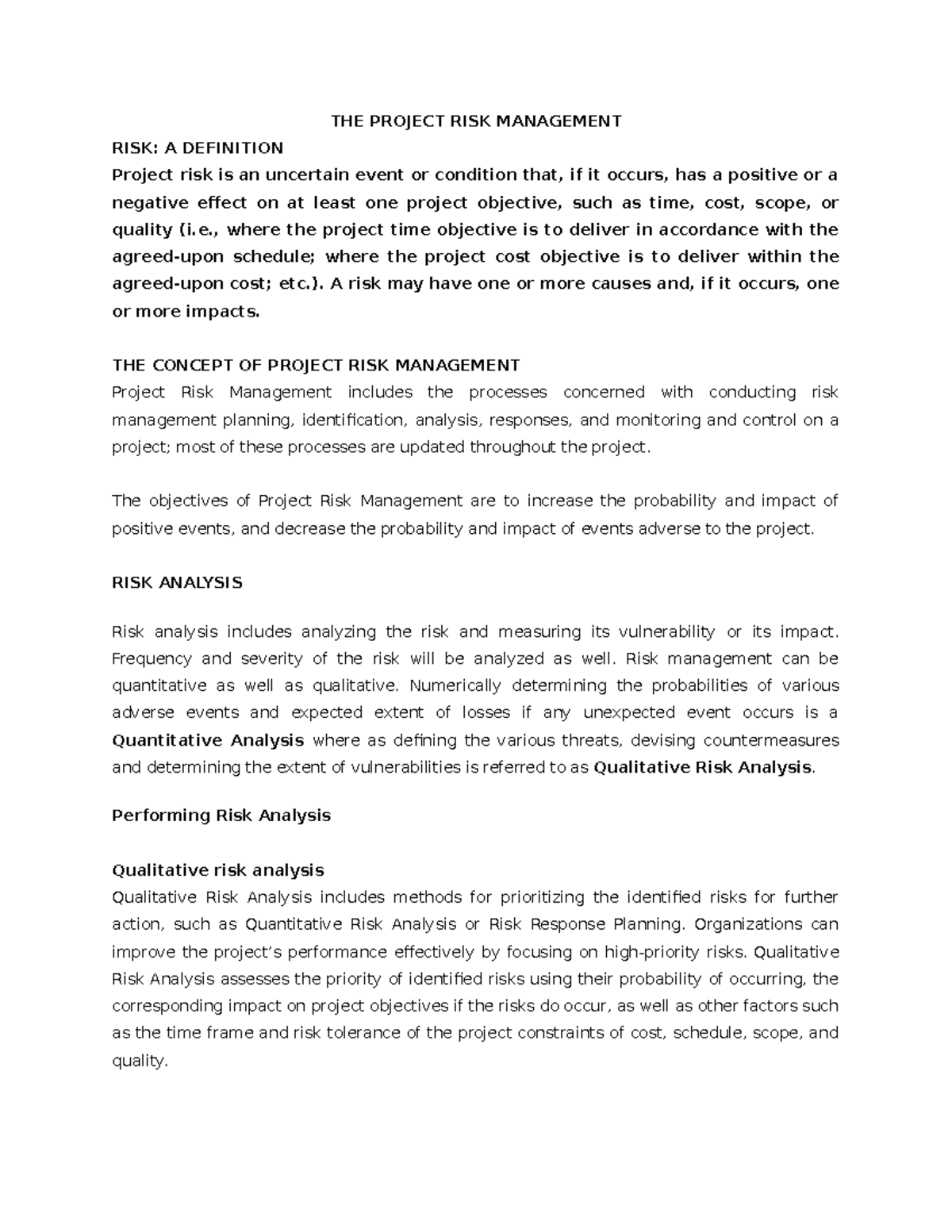 Project RSK Mngmt Work Notes: Analyzing & Mitigating Risks - Studocu